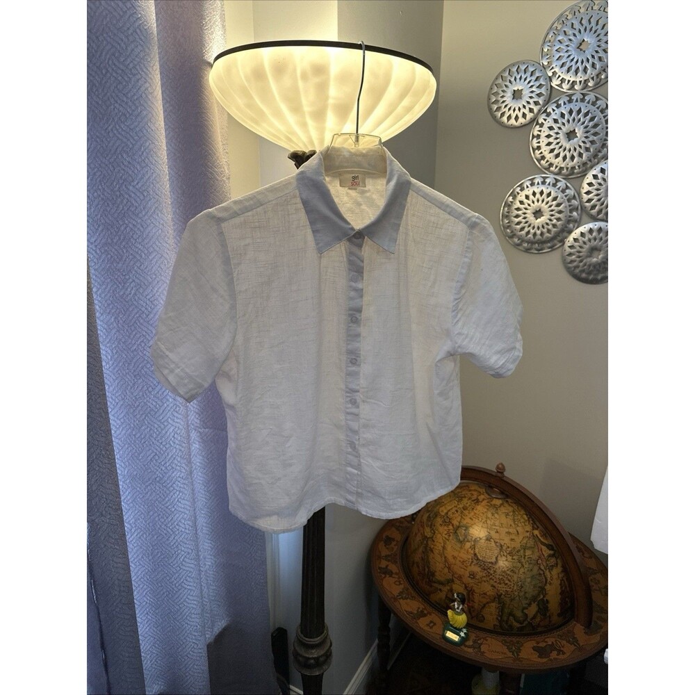 Vintage Women’s Short Sleeve White Collared Blouse Mother Of Pearl Buttons L